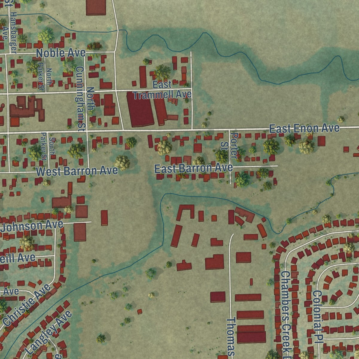 Second close-up of the map of Everman, Texas print showing more streets and buildings
