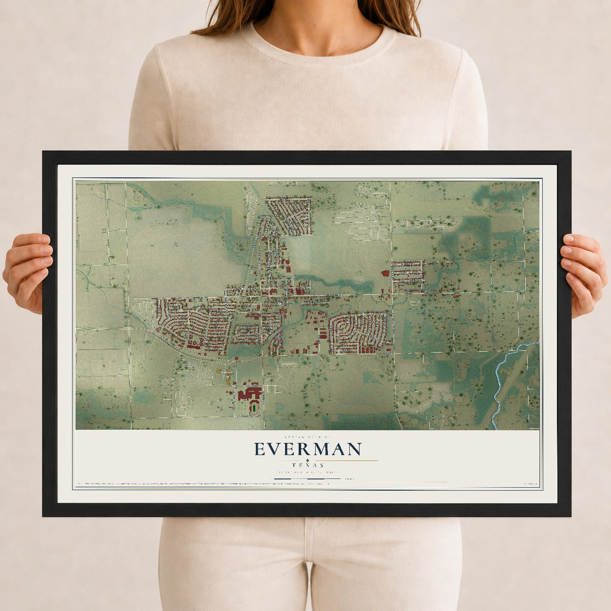 Map of Everman, Texas, 12 x 18 inch print in a black wood frame