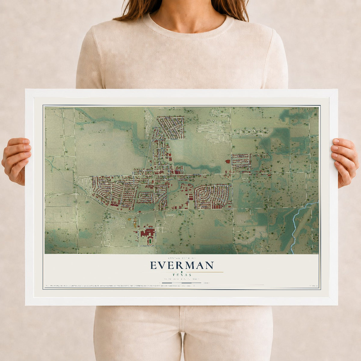 Map of Everman, Texas, 12 x 18 inch print in a white wood frame
