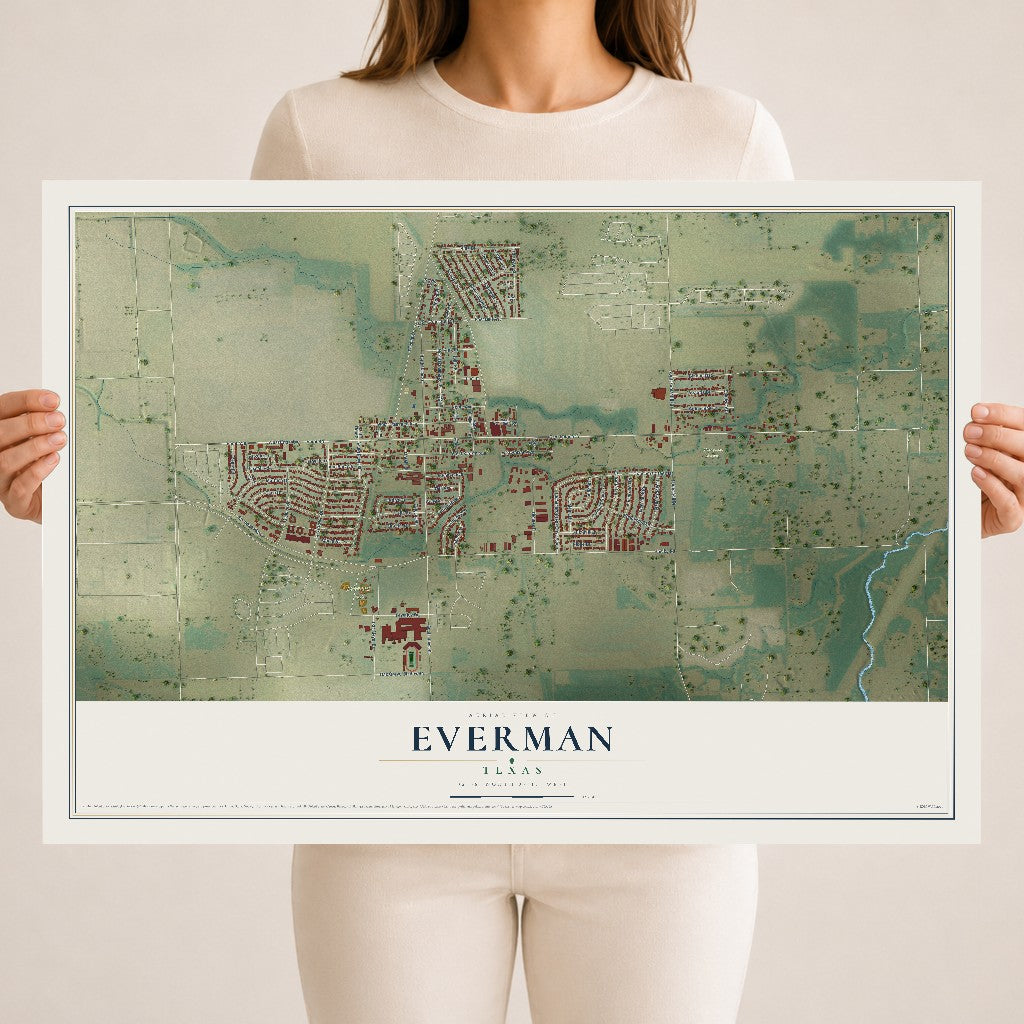 Map of Everman, Texas, 18 x 24 inch unframed archival matte print