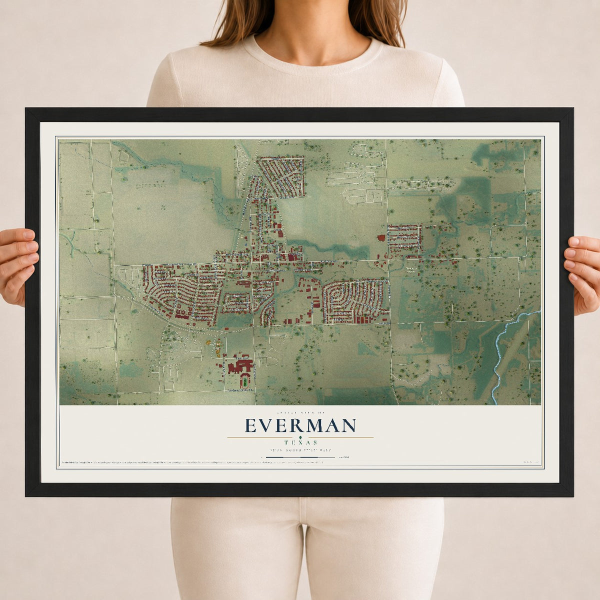Map of Everman, Texas, 18 x 24 inch print in a black wood frame