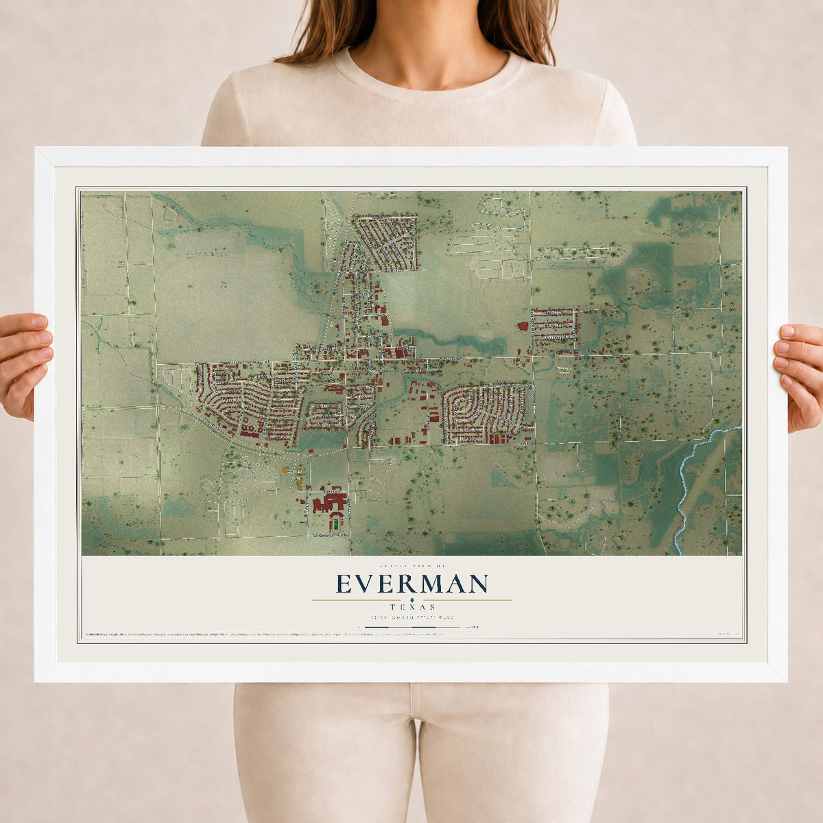 Map of Everman, Texas, 18 x 24 inch print in a white wood frame