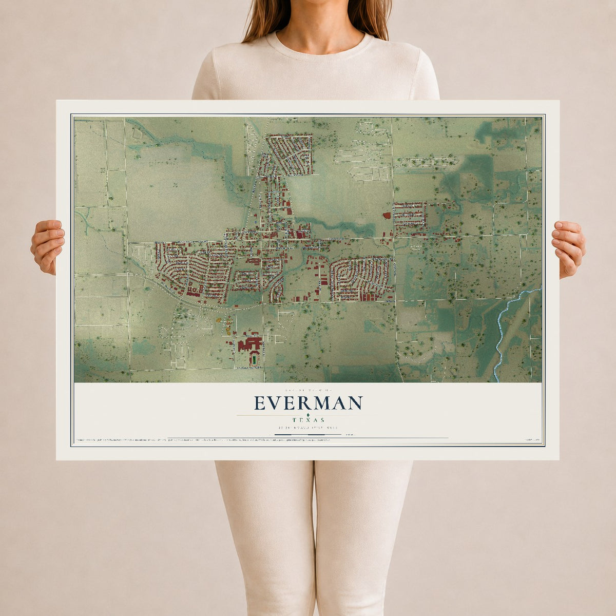 Map of Everman, Texas, 24 x 36 inch unframed archival matte print