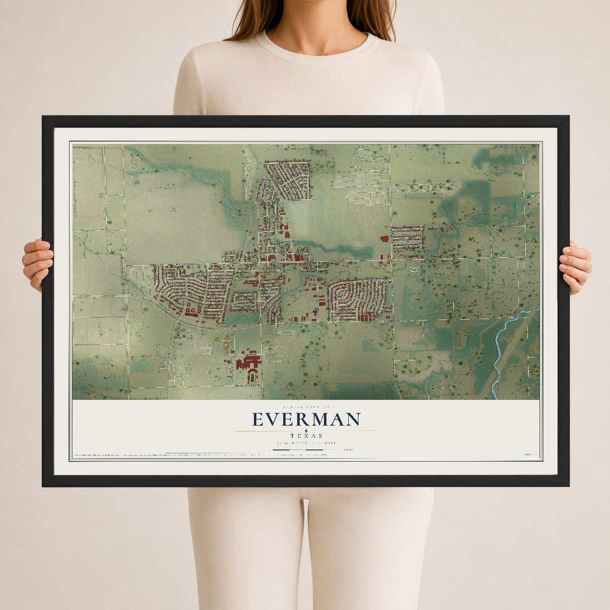 Map of Everman, Texas, 24 x 36 inch print in a black wood frame