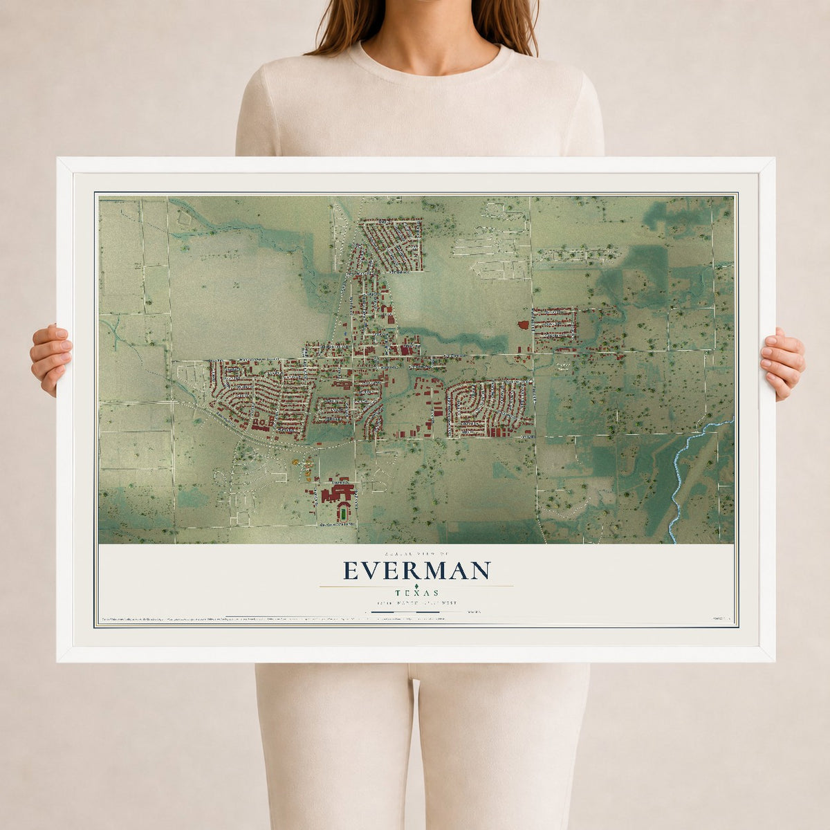 Map of Everman, Texas, 24 x 36 inch print in a white wood frame