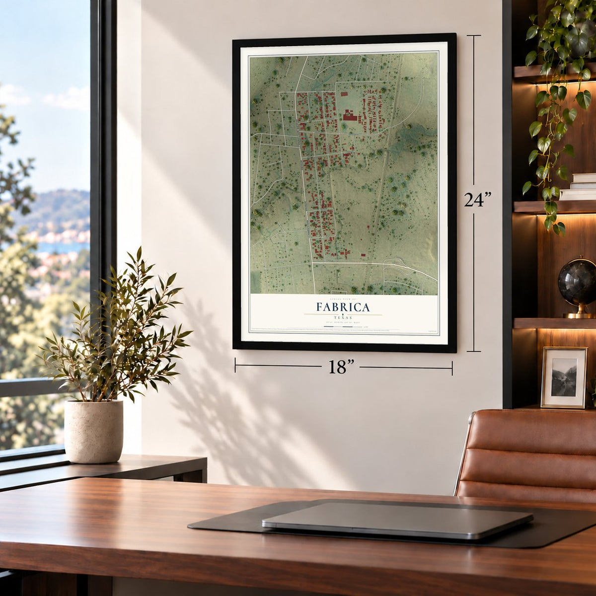 Fabrica, Texas map, 18 x 24 inch print in a black frame in a home office
