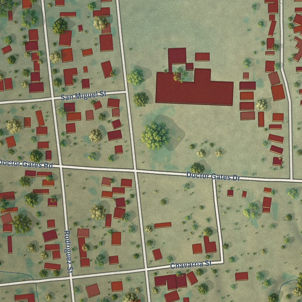 Close-up of the map of Fabrica, Texas print showing street and building detail