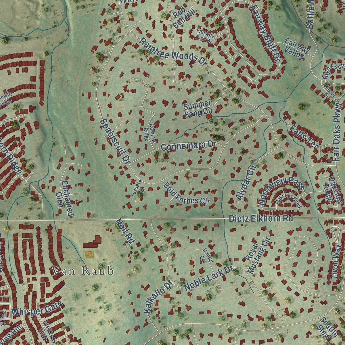 Close-up of the map of Fair Oaks Ranch, Texas print showing street and building detail