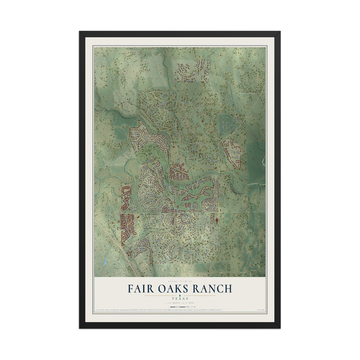 Map of Fair Oaks Ranch, Texas, 12 x 18 inch print in a black wood frame