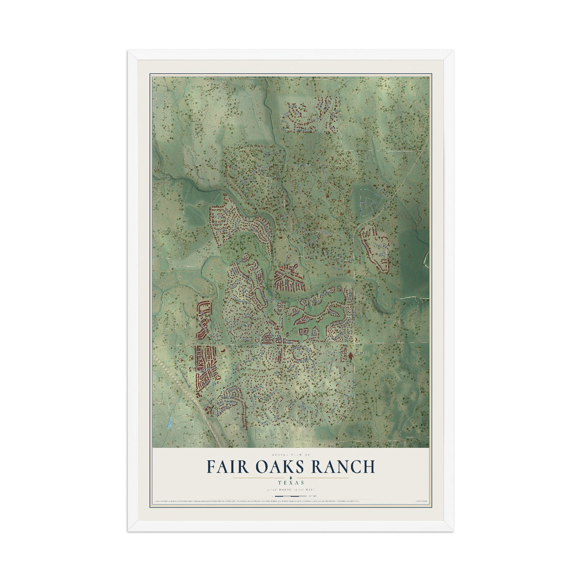 Map of Fair Oaks Ranch, Texas, 12 x 18 inch print in a white wood frame