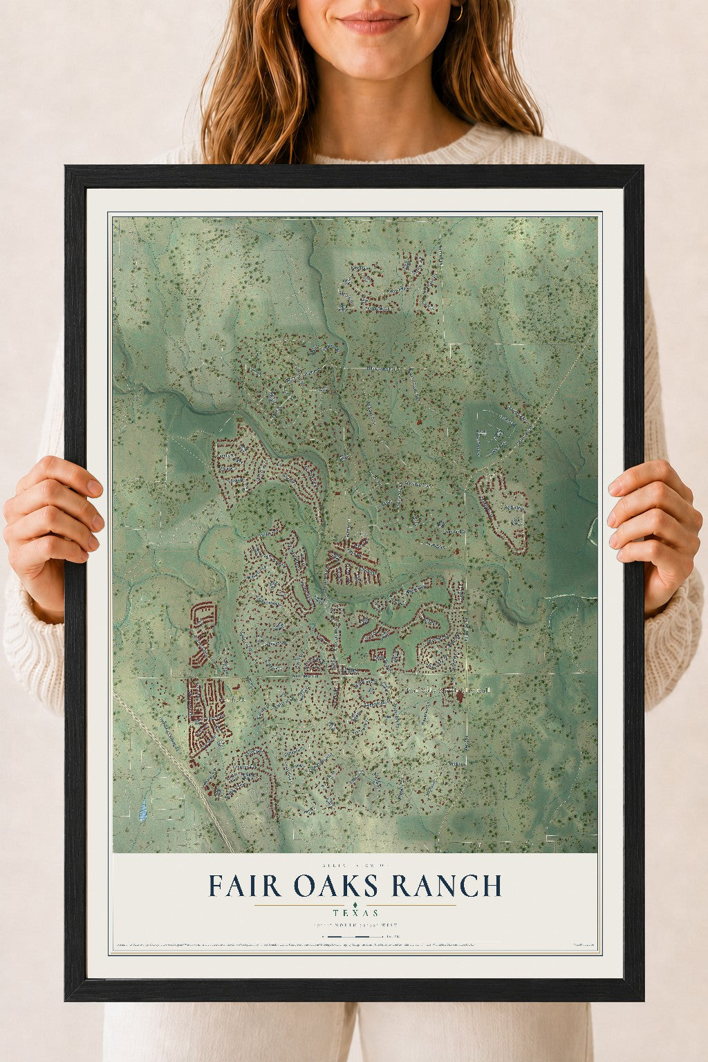 Map of Fair Oaks Ranch, Texas, 18 x 24 inch print in a black wood frame