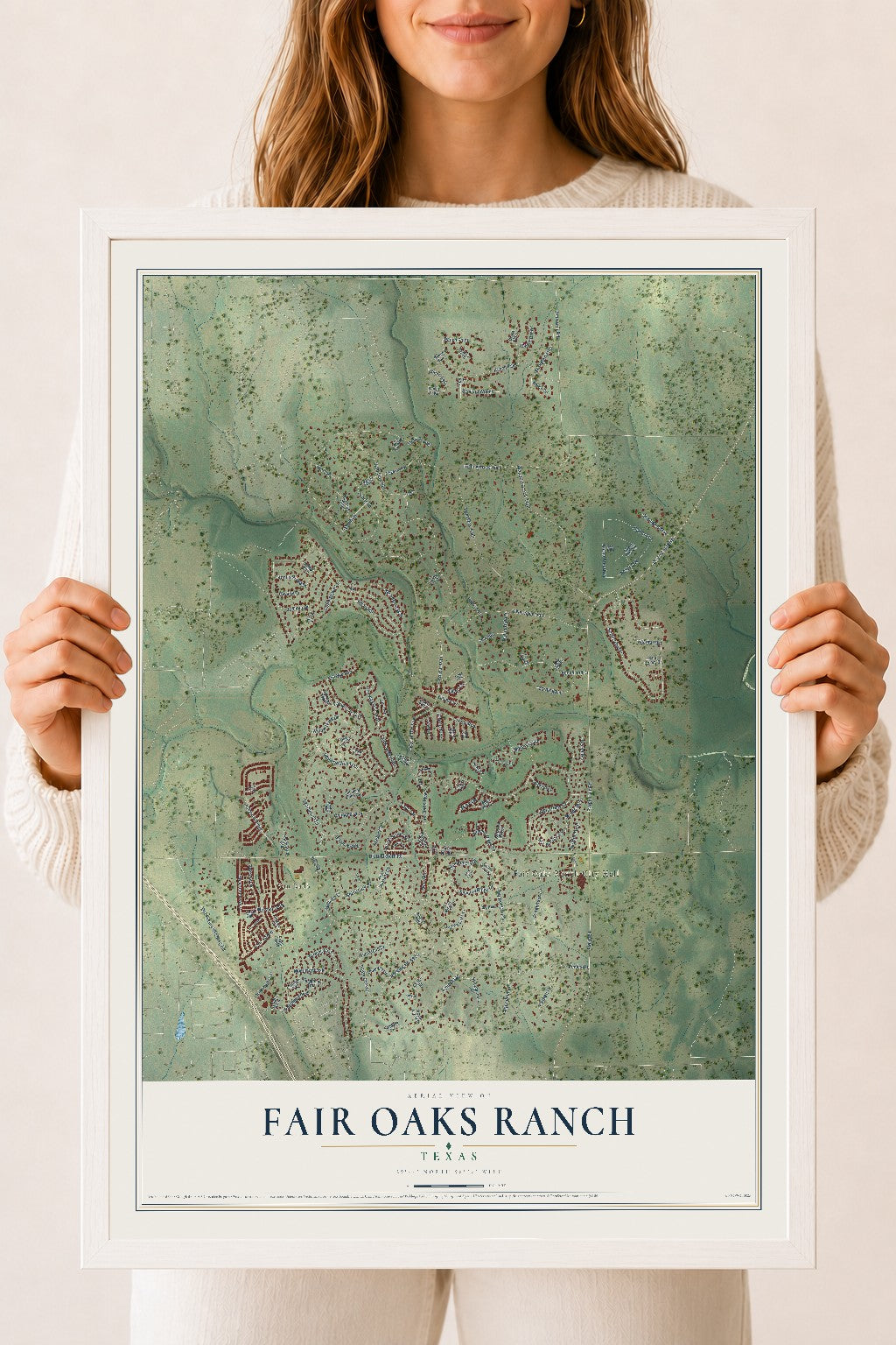 Map of Fair Oaks Ranch, Texas, 18 x 24 inch print in a white wood frame