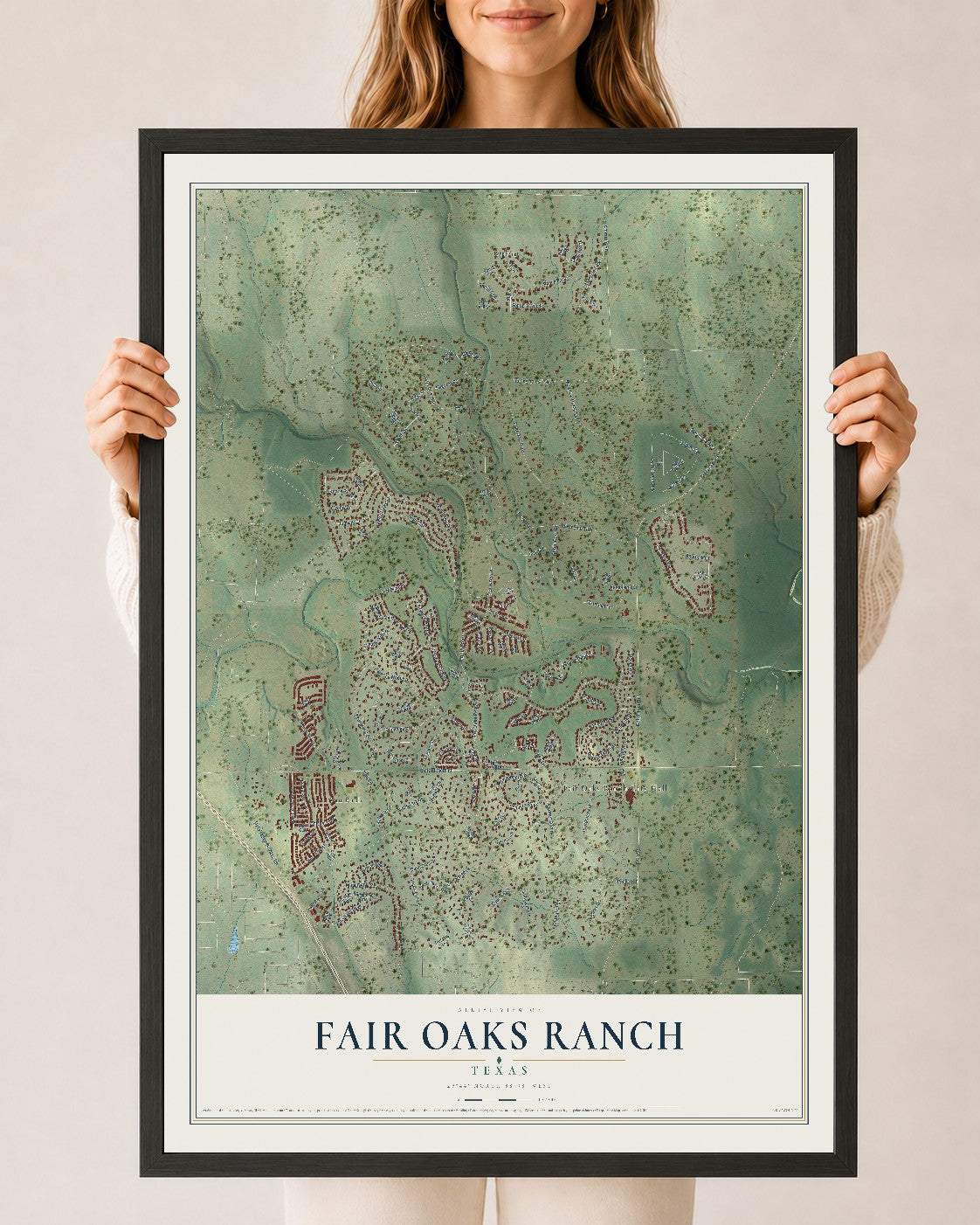 Map of Fair Oaks Ranch, Texas, 24 x 36 inch print in a black wood frame