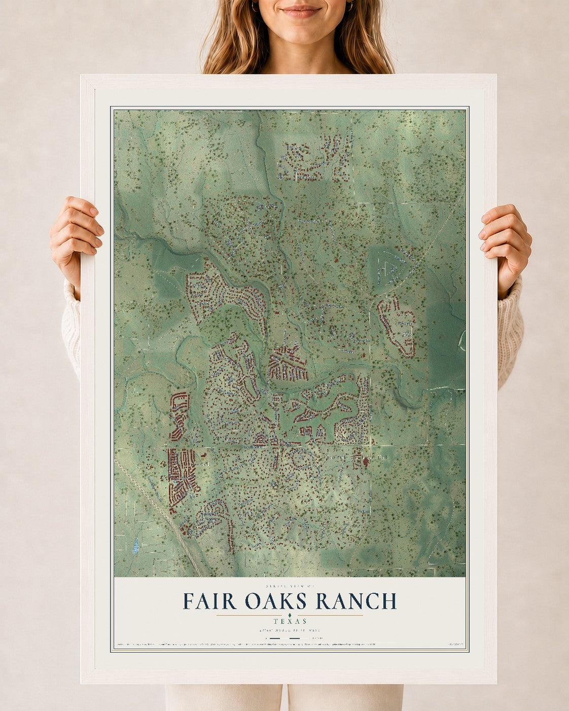 Map of Fair Oaks Ranch, Texas, 24 x 36 inch print in a white wood frame