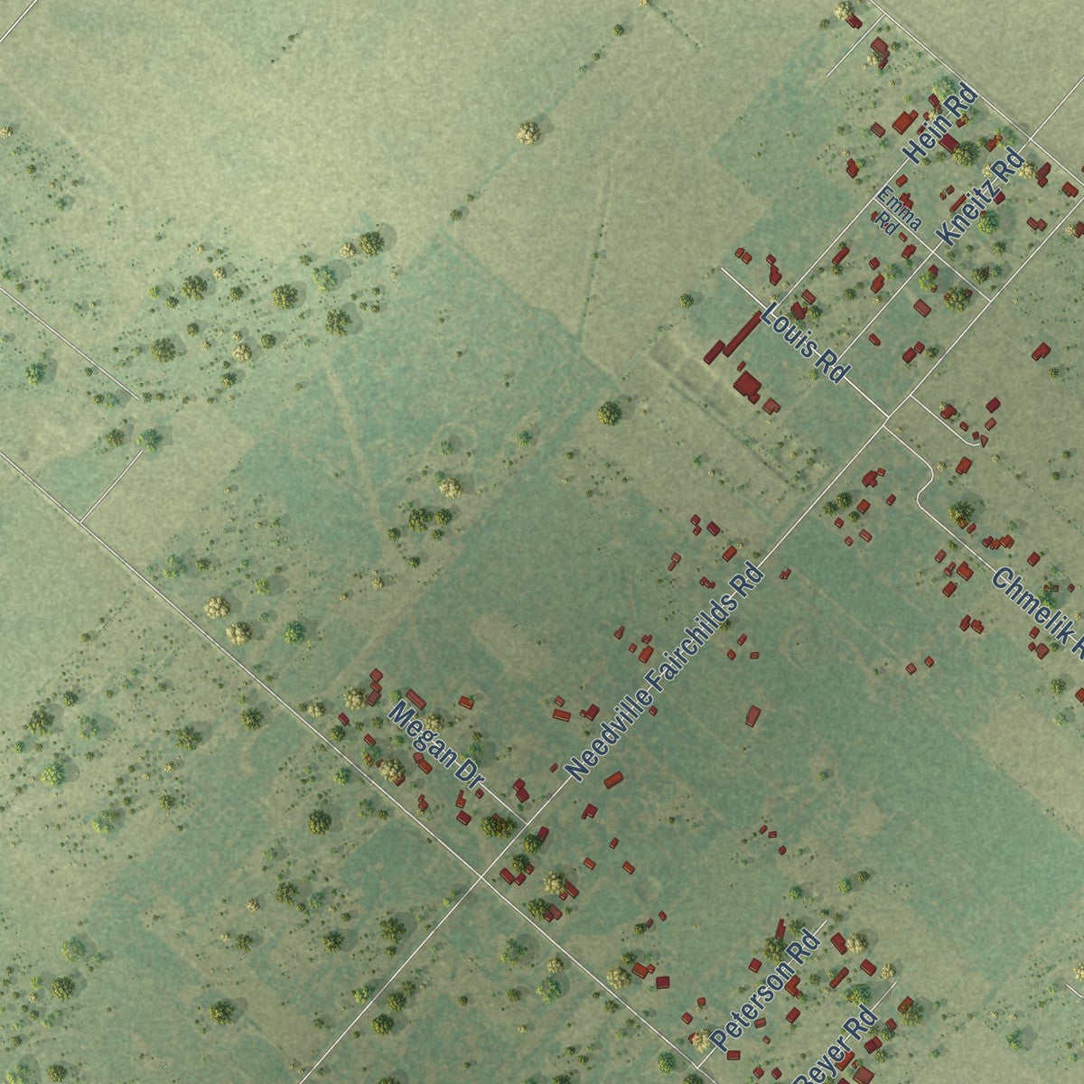 Close-up of the map of Fairchilds, Texas print showing street and building detail