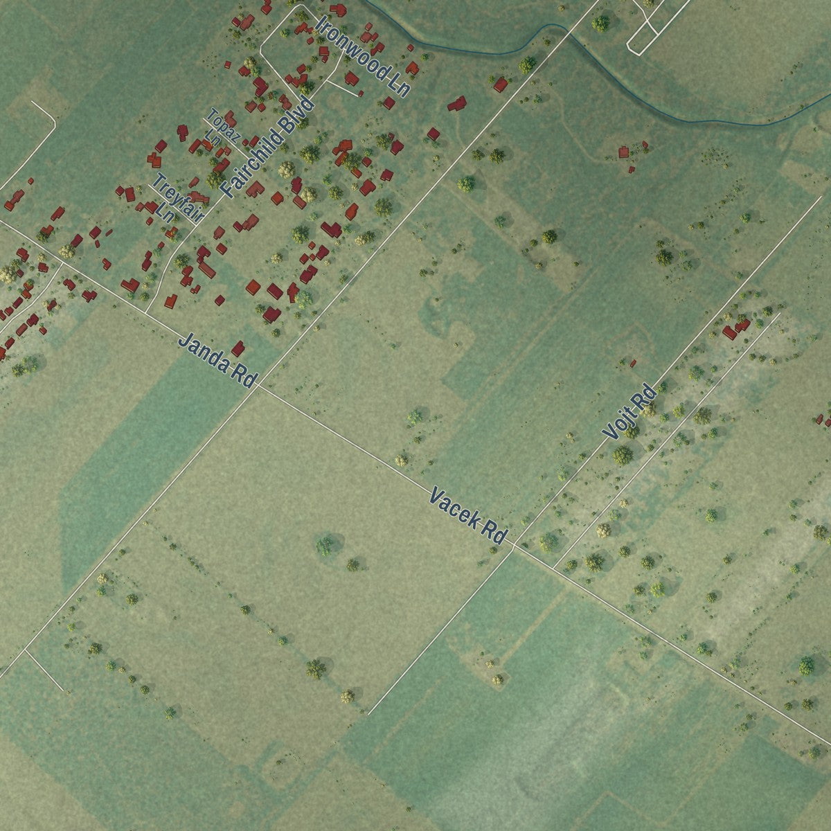 Second close-up of the map of Fairchilds, Texas print showing more streets and buildings