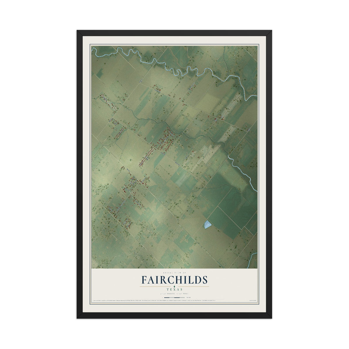 Map of Fairchilds, Texas, 12 x 18 inch print in a black wood frame