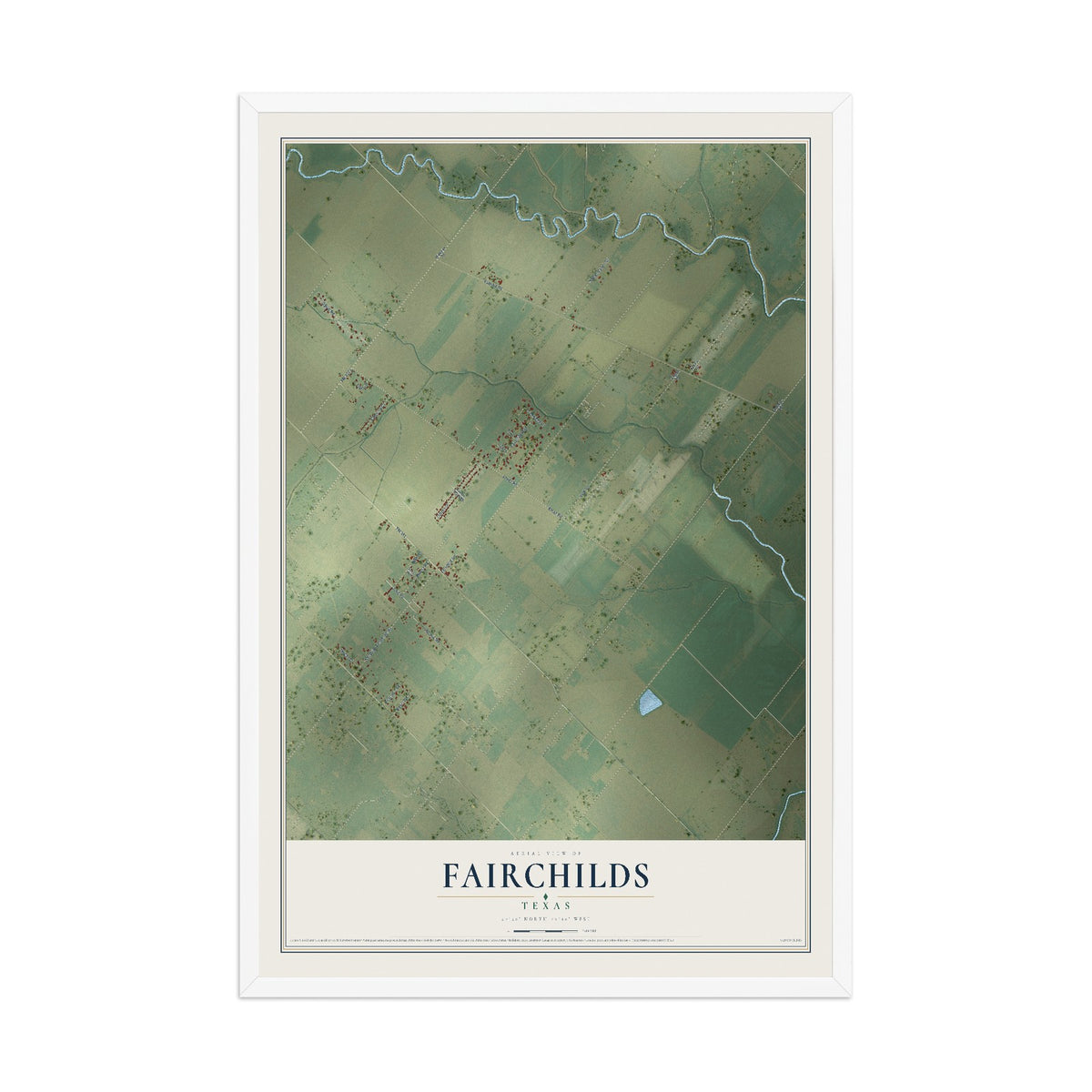 Map of Fairchilds, Texas, 12 x 18 inch print in a white wood frame