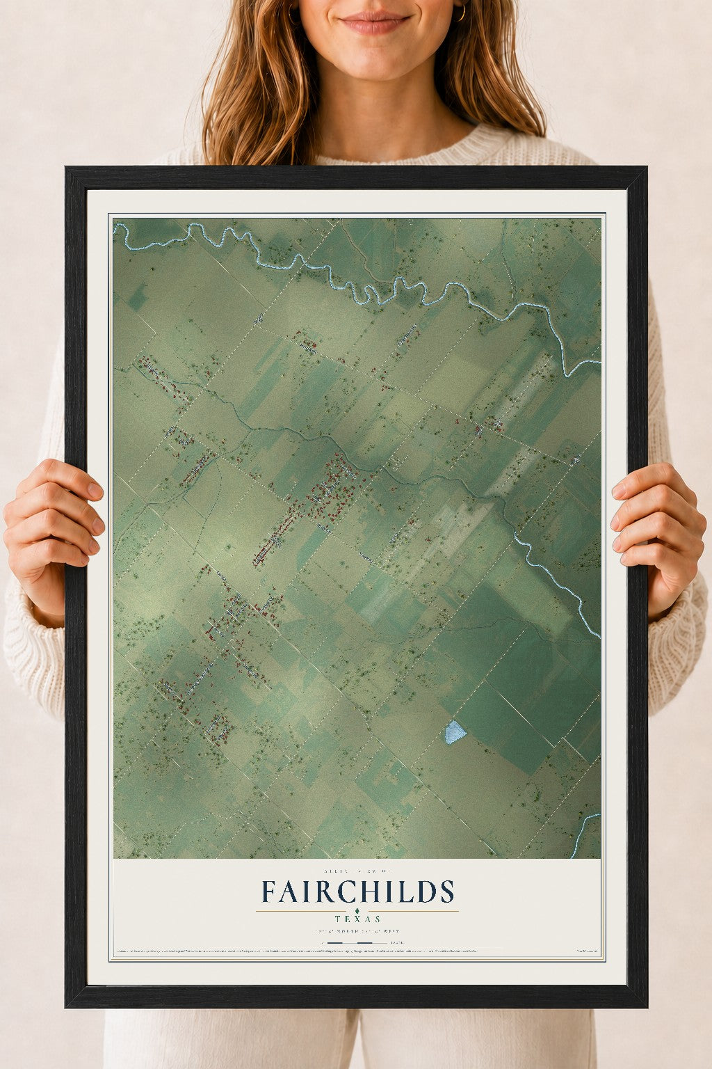 Map of Fairchilds, Texas, 18 x 24 inch print in a black wood frame