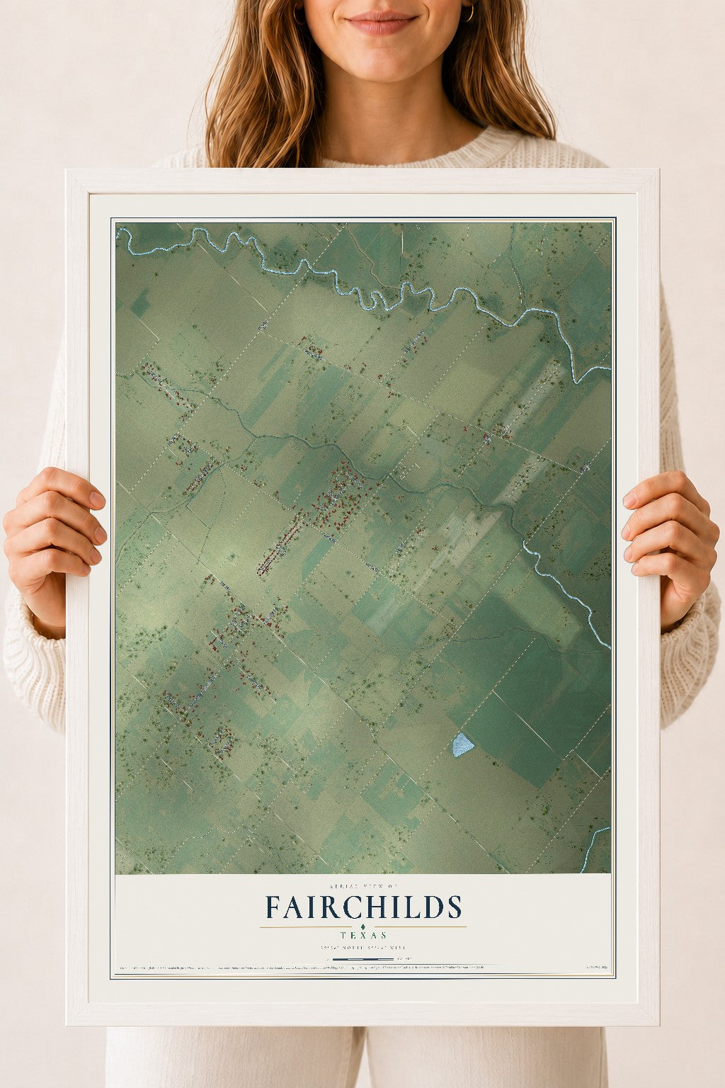 Map of Fairchilds, Texas, 18 x 24 inch print in a white wood frame