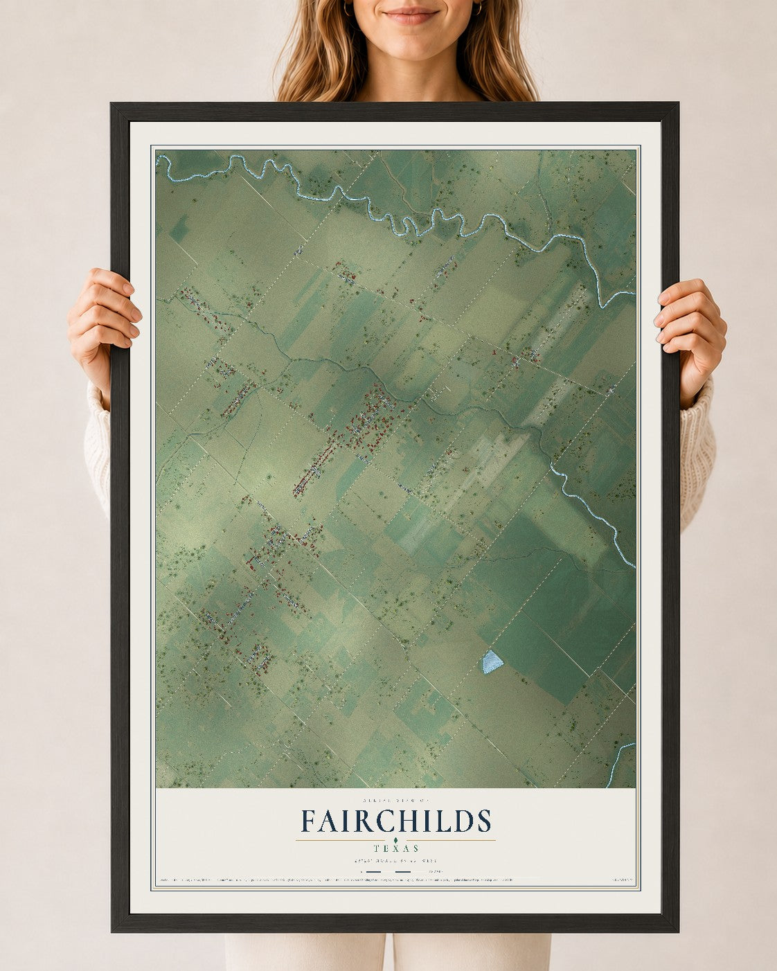 Map of Fairchilds, Texas, 24 x 36 inch print in a black wood frame