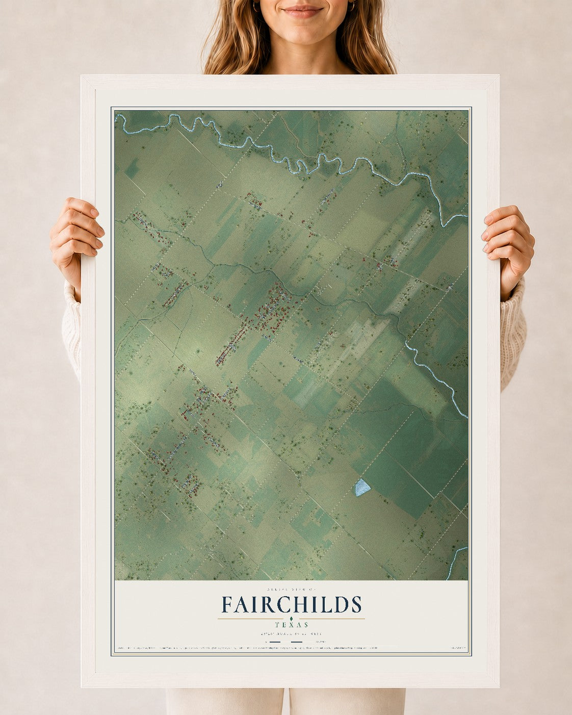 Map of Fairchilds, Texas, 24 x 36 inch print in a white wood frame