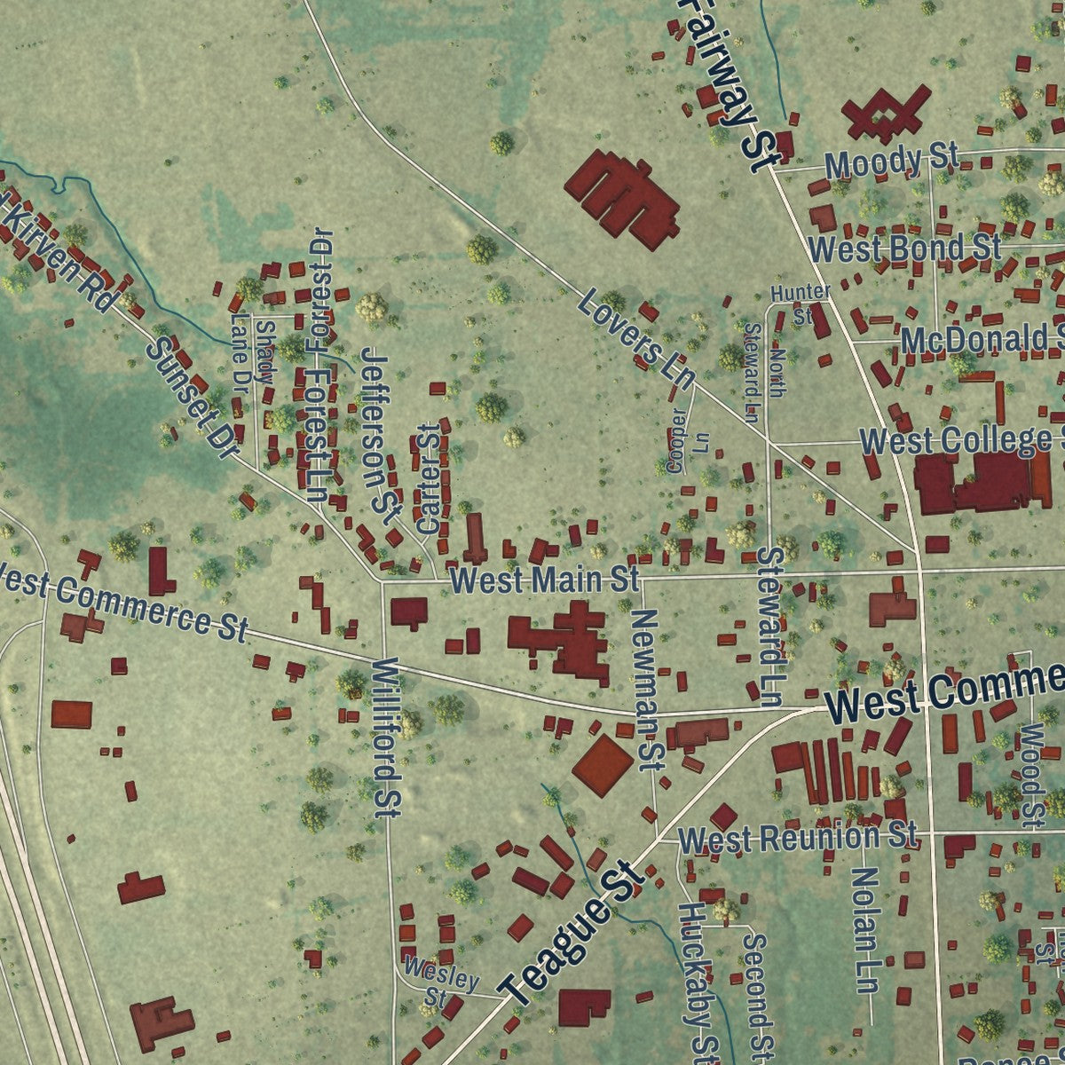 Close-up of the map of Fairfield, Texas print showing street and building detail