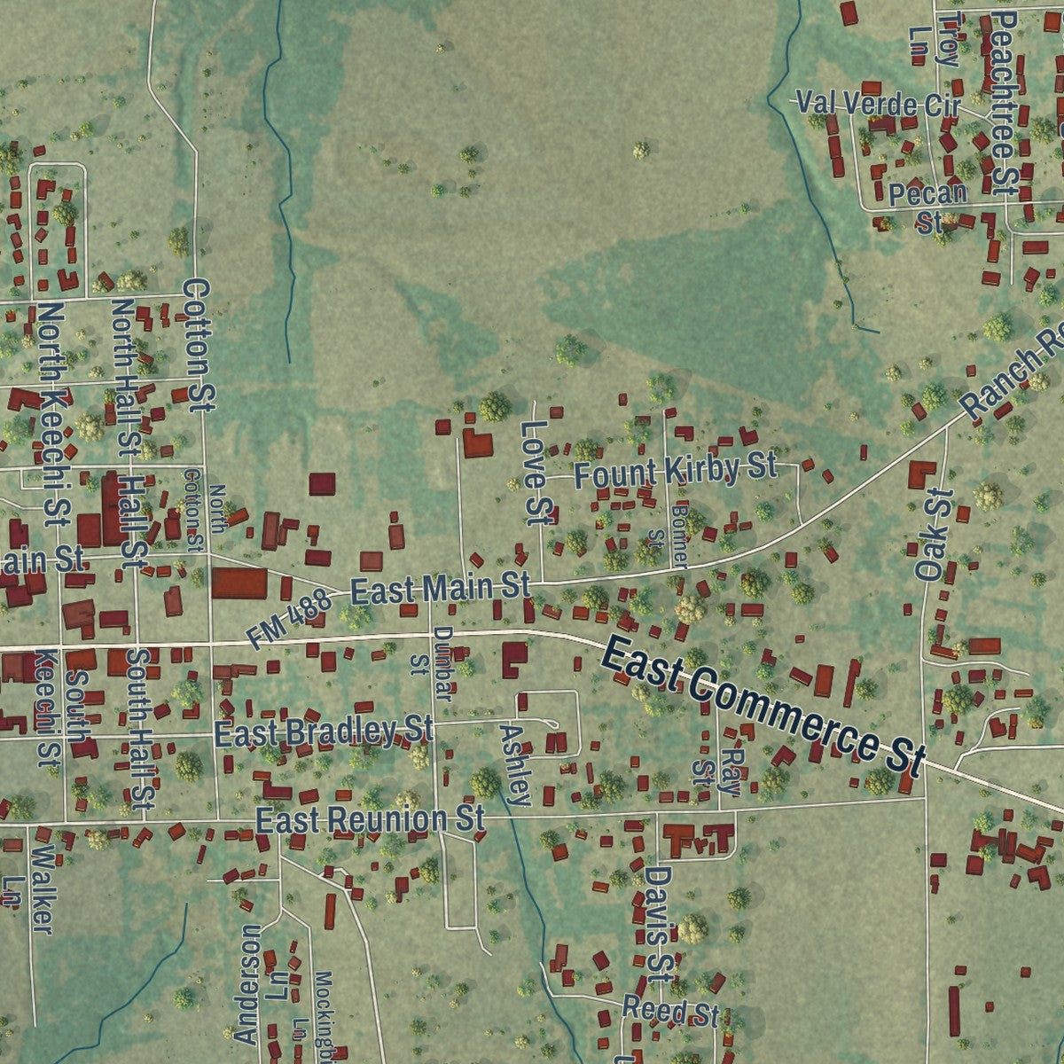 Second close-up of the map of Fairfield, Texas print showing more streets and buildings