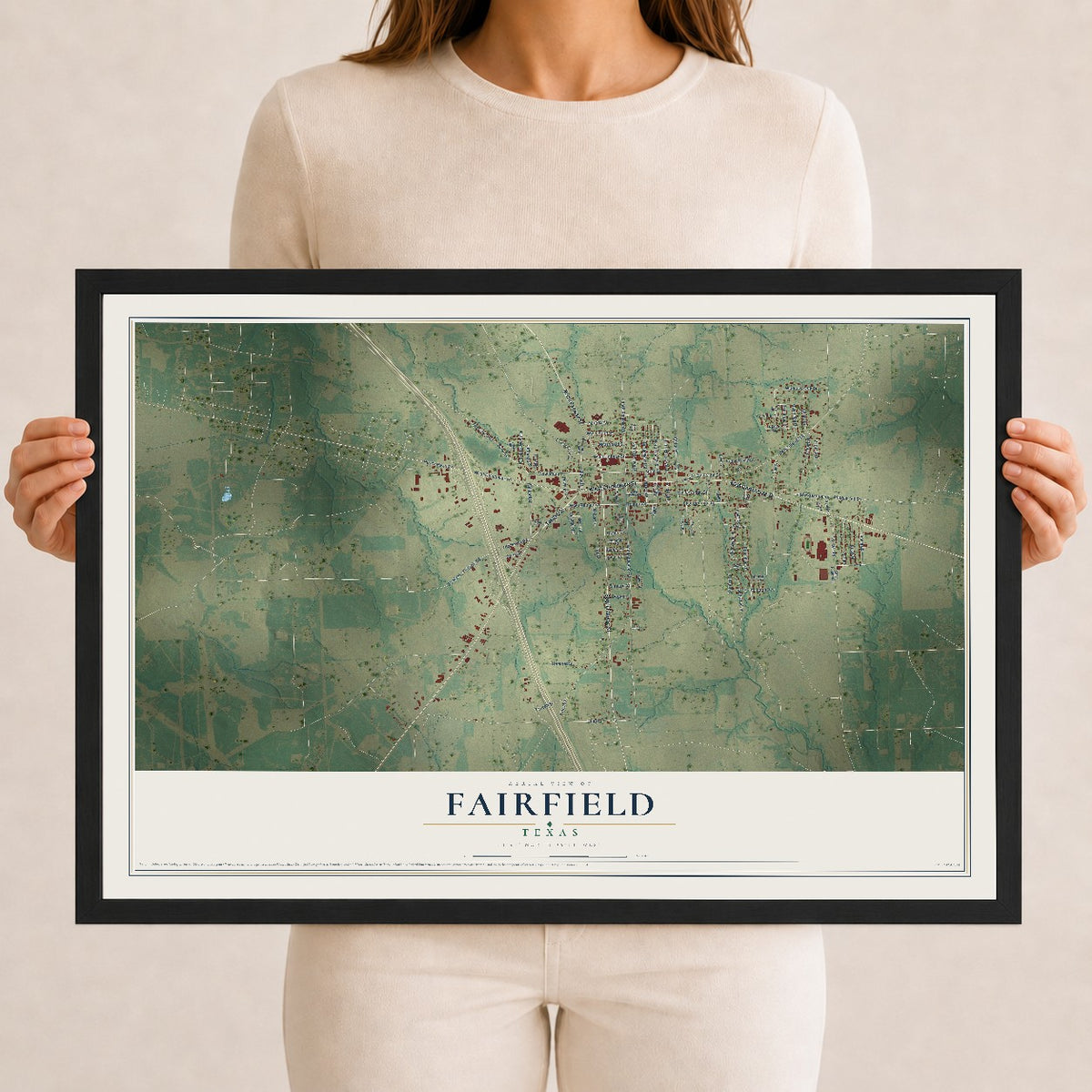 Map of Fairfield, Texas, 12 x 18 inch print in a black wood frame