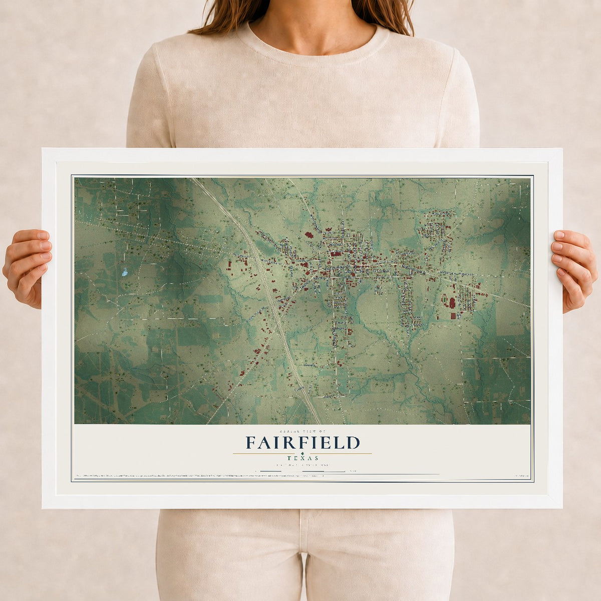 Map of Fairfield, Texas, 12 x 18 inch print in a white wood frame