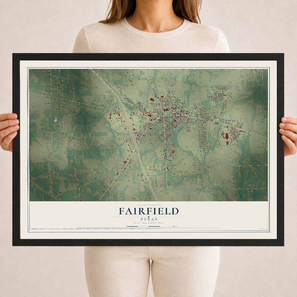 Map of Fairfield, Texas, 18 x 24 inch print in a black wood frame