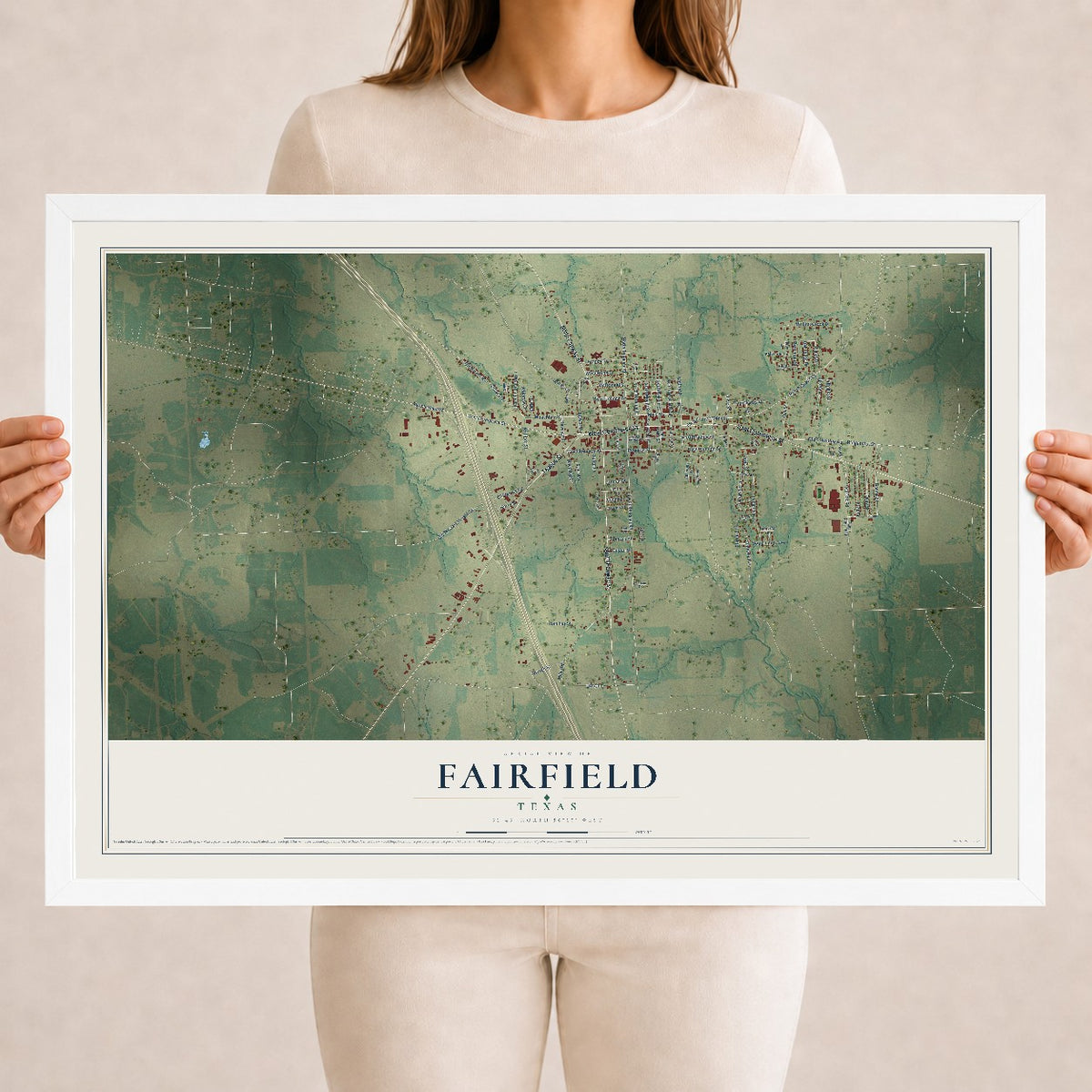 Map of Fairfield, Texas, 18 x 24 inch print in a white wood frame