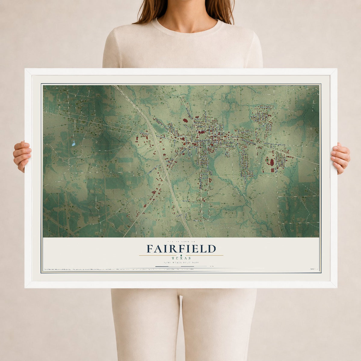 Map of Fairfield, Texas, 24 x 36 inch print in a white wood frame