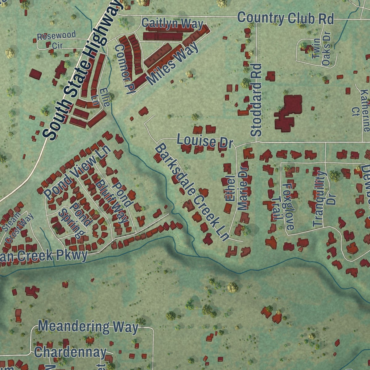 Close-up of the map of Fairview, Texas print showing street and building detail