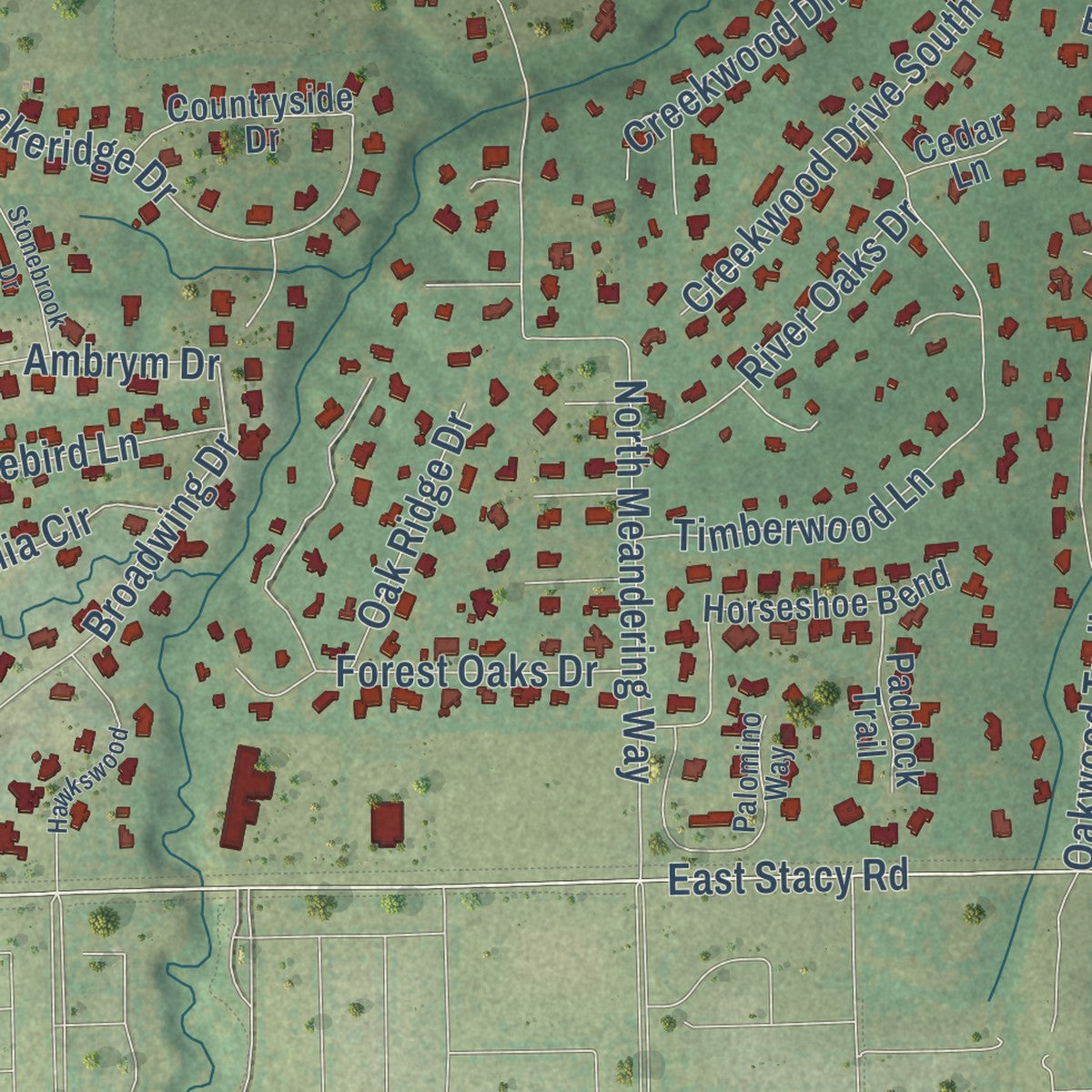 Second close-up of the map of Fairview, Texas print showing more streets and buildings