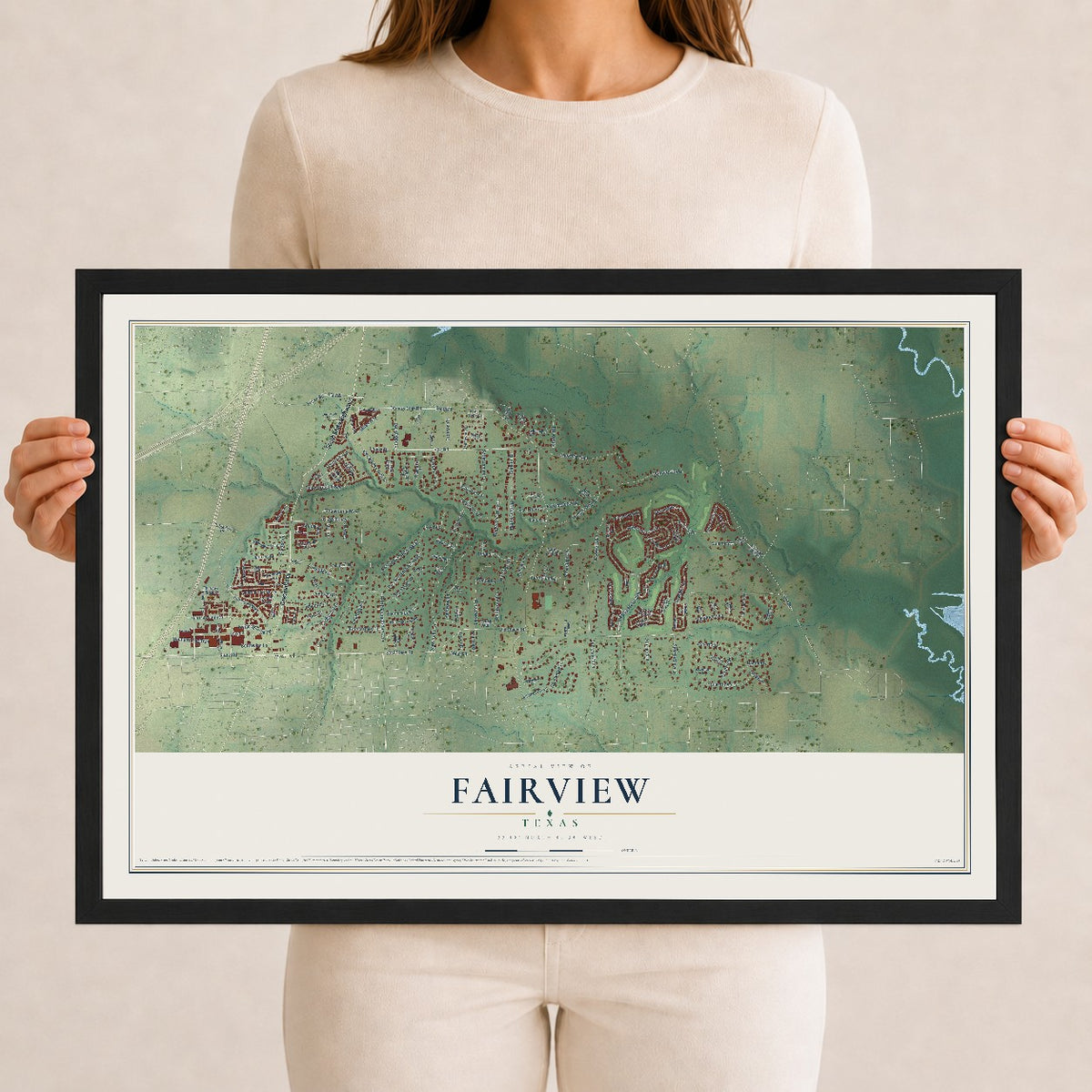 Map of Fairview, Texas, 12 x 18 inch print in a black wood frame