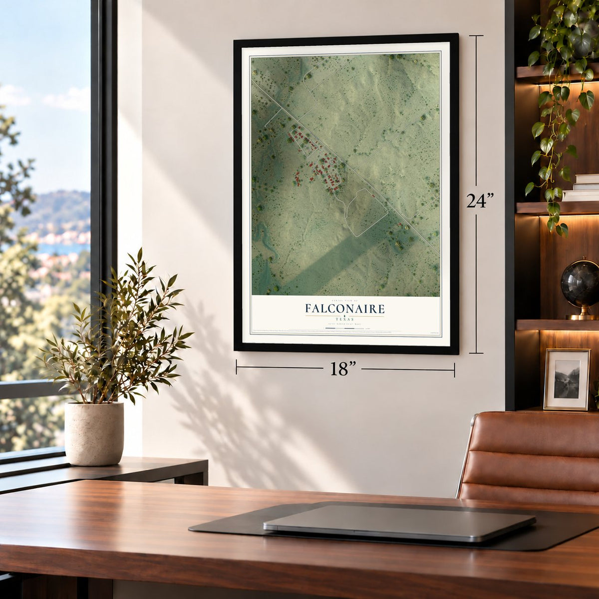Falconaire, Texas map, 18 x 24 inch print in a black frame in a home office