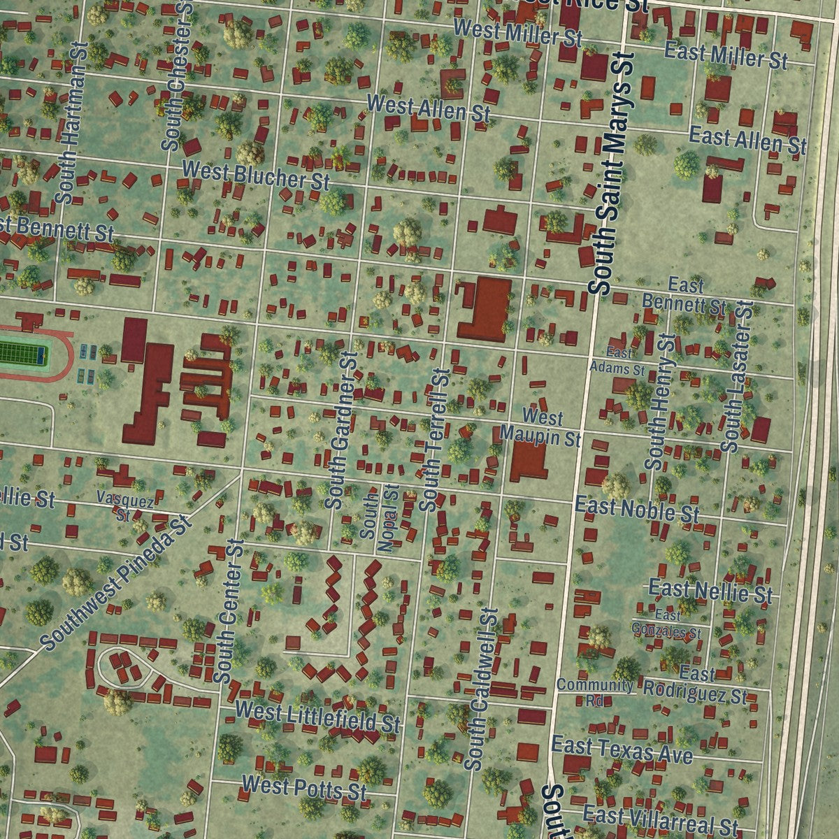 Close-up of the map of Falfurrias, Texas print showing street and building detail