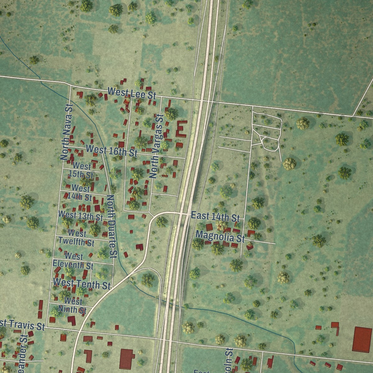 Second close-up of the map of Falfurrias, Texas print showing more streets and buildings