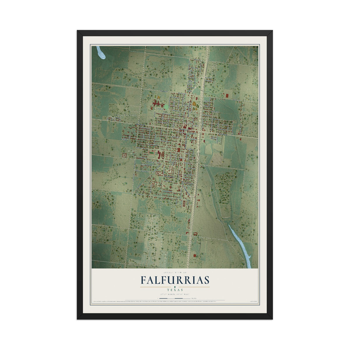 Map of Falfurrias, Texas, 12 x 18 inch print in a black wood frame