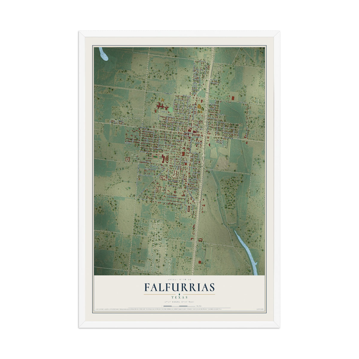 Map of Falfurrias, Texas, 12 x 18 inch print in a white wood frame