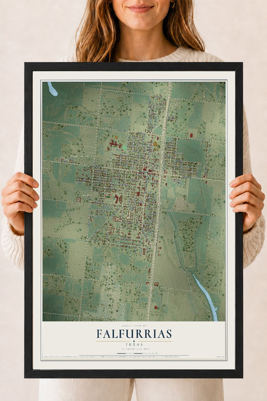 Map of Falfurrias, Texas, 18 x 24 inch print in a black wood frame