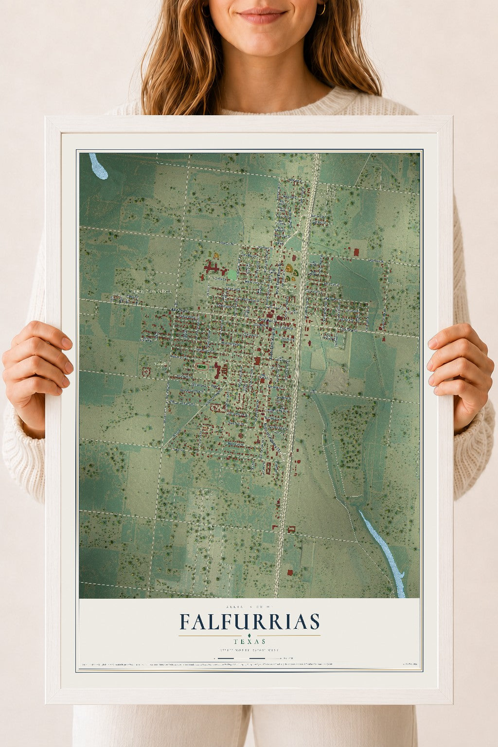 Map of Falfurrias, Texas, 18 x 24 inch print in a white wood frame