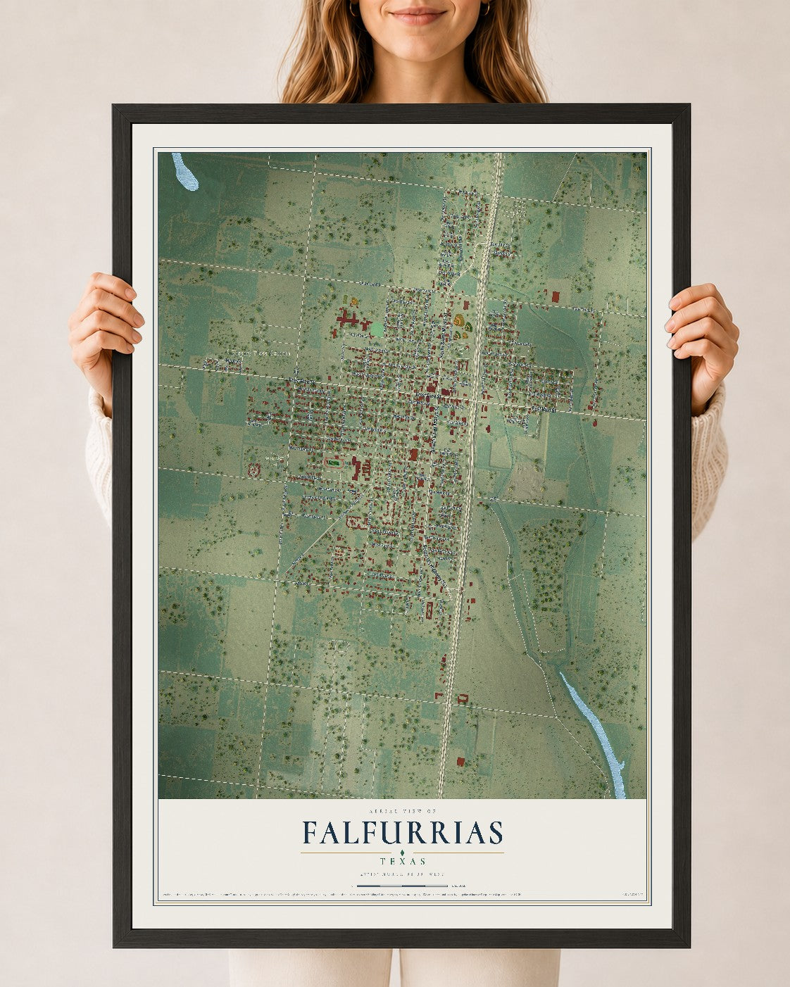 Map of Falfurrias, Texas, 24 x 36 inch print in a black wood frame