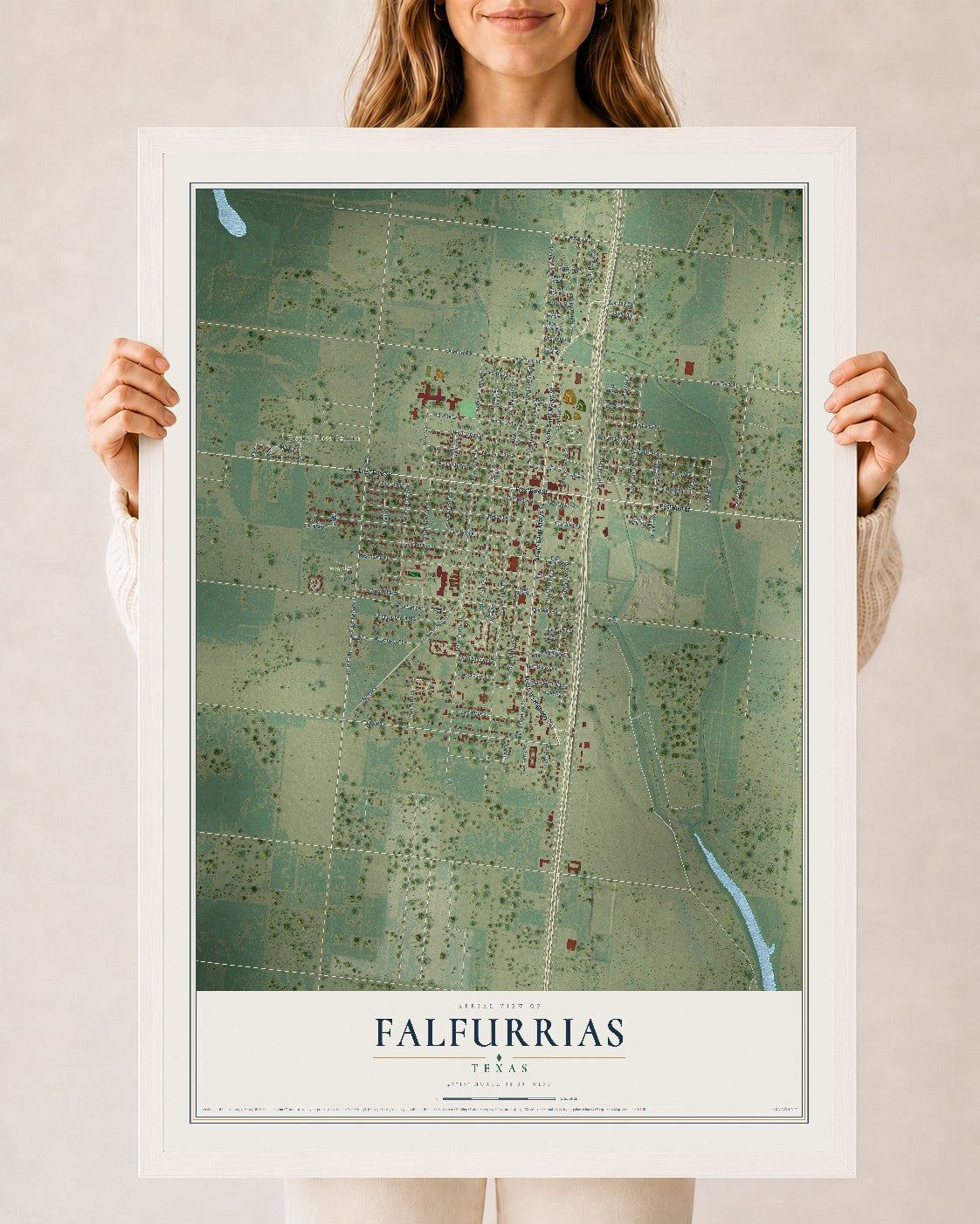 Map of Falfurrias, Texas, 24 x 36 inch print in a white wood frame