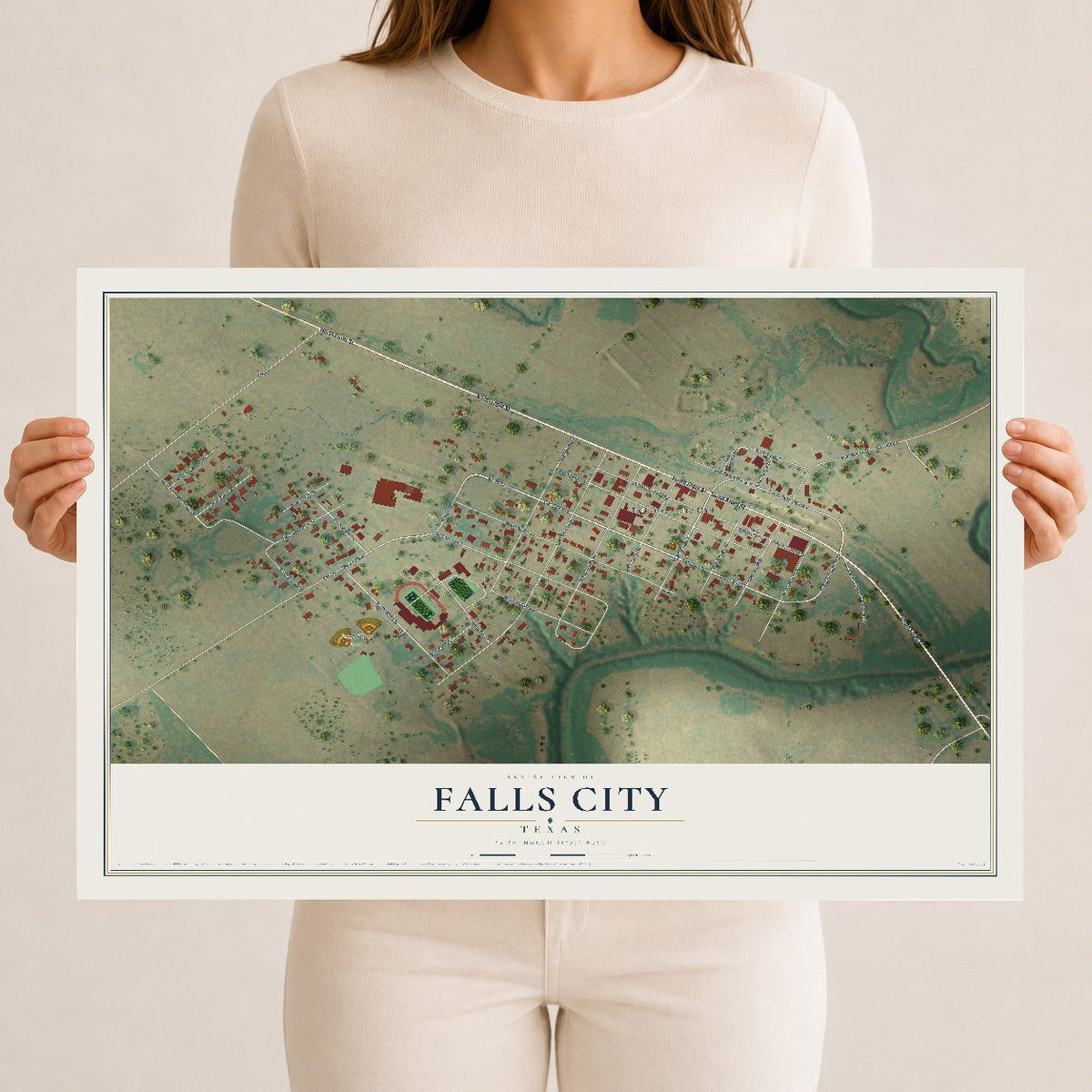 Map of Falls City, Texas, 12 x 18 inch unframed archival matte print