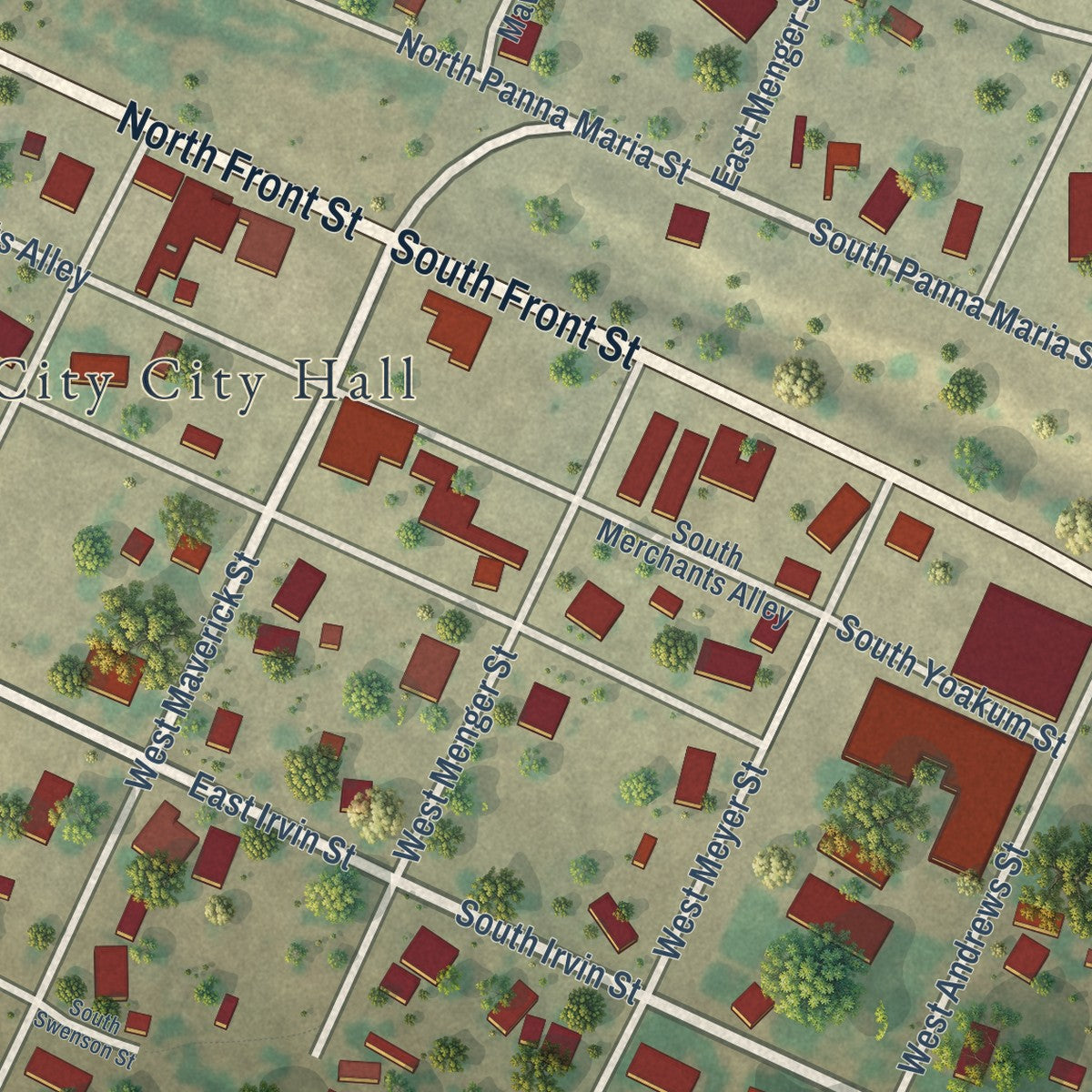 Close-up of the map of Falls City, Texas print showing street and building detail