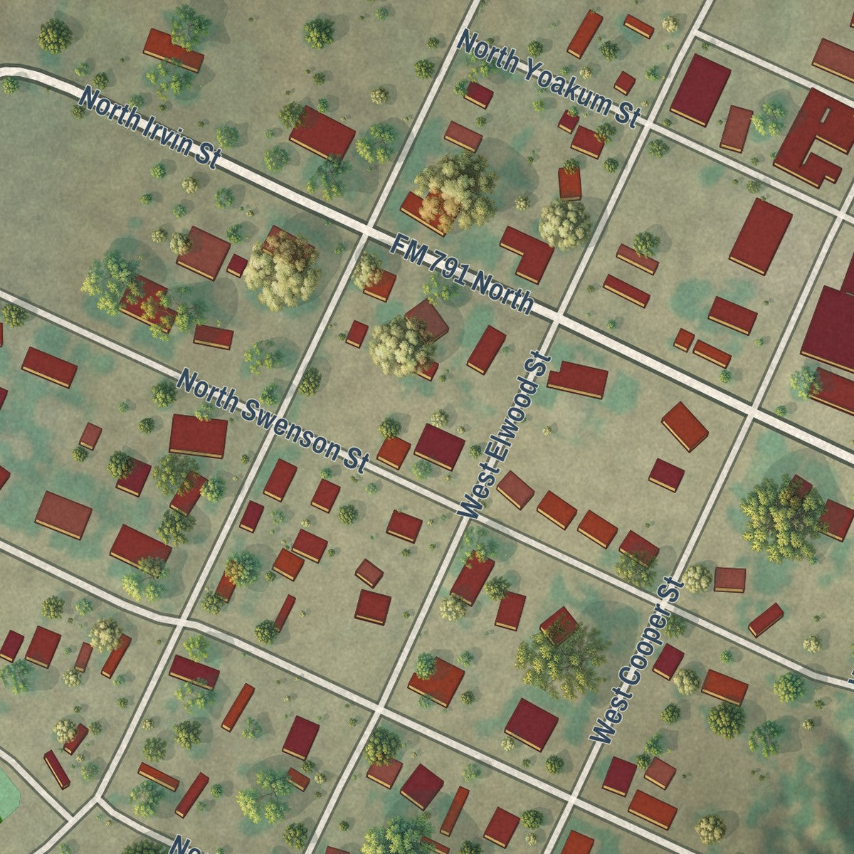 Second close-up of the map of Falls City, Texas print showing more streets and buildings