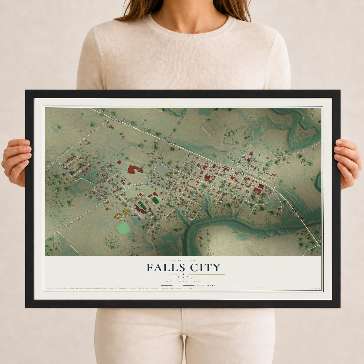 Map of Falls City, Texas, 12 x 18 inch print in a black wood frame