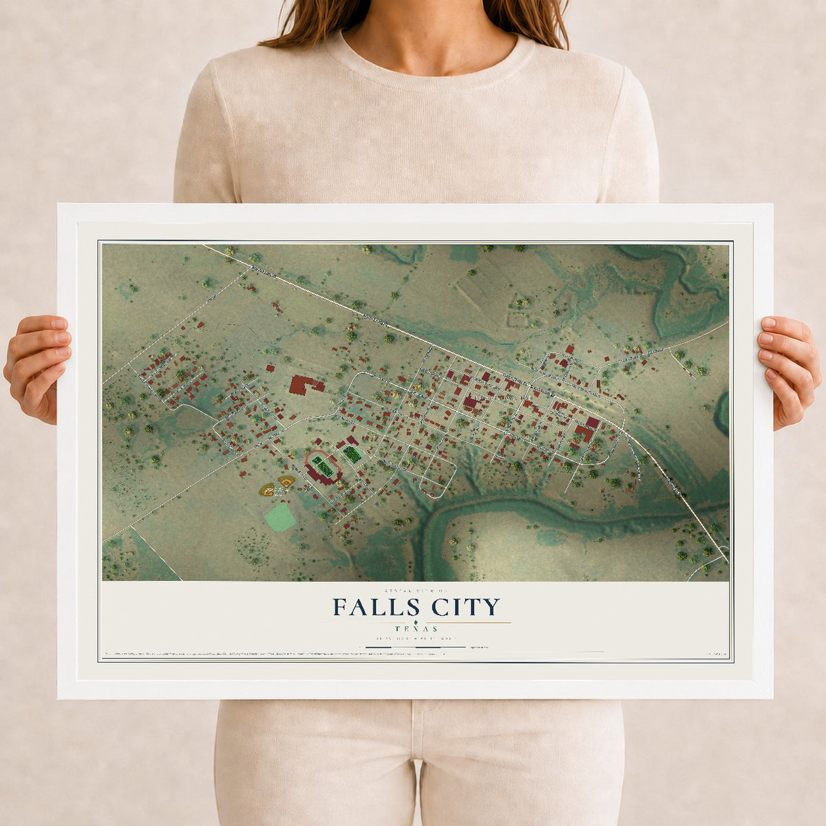 Map of Falls City, Texas, 12 x 18 inch print in a white wood frame